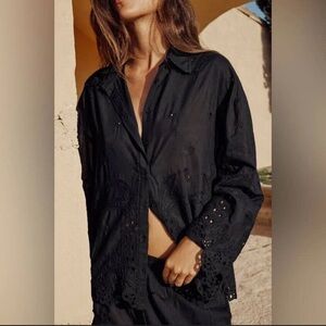 Zara Eyelet Beaded Cutout Pineapple Embroidery Button Up Top Boho Whimsigoth XS
